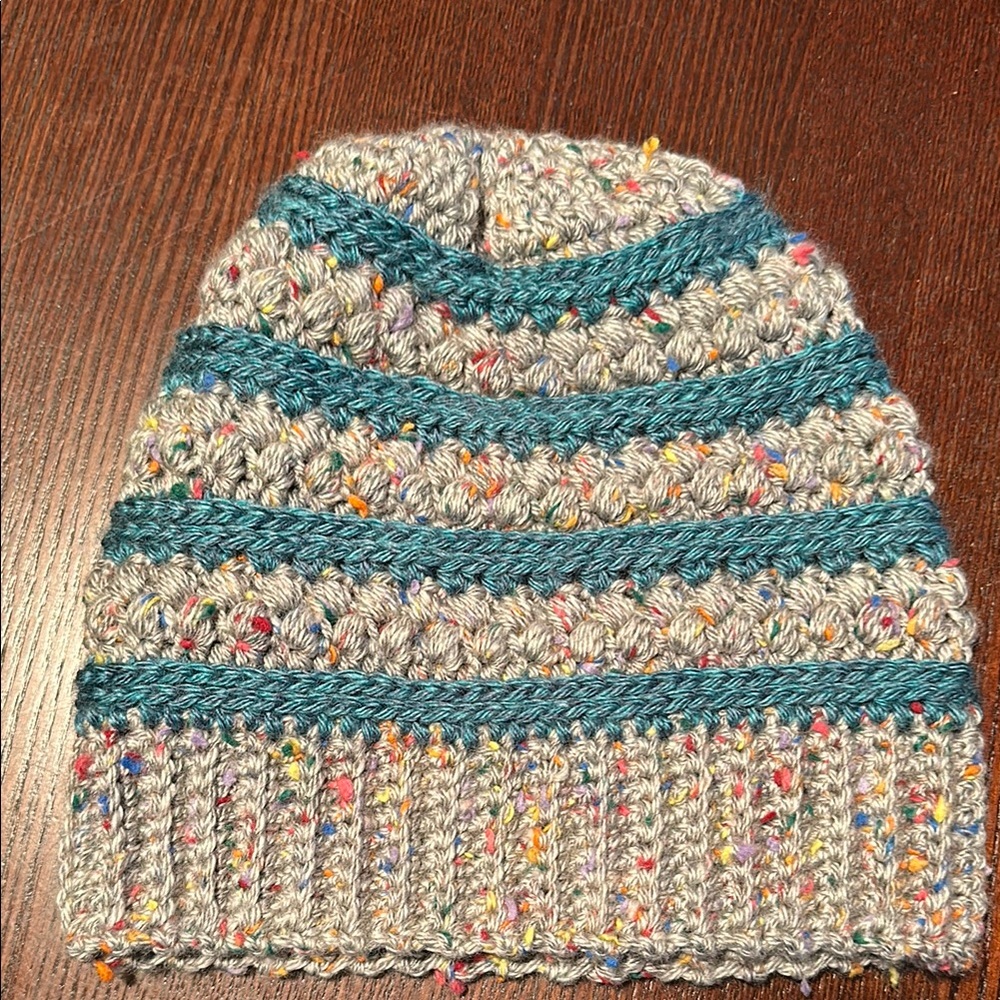 Colorful Knit Beanie with Teal Stripes